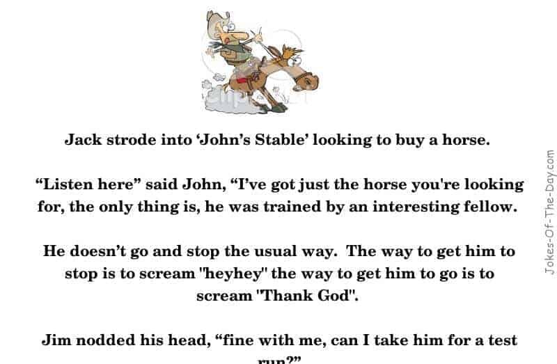 A man looking to buy a horse takes it for a test ride, and forgets how to make it stop -funny joke