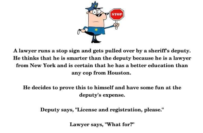 A Smart-Ass Lawyer gets pulled over and debated the difference between stopping and slowing-down -funny joke