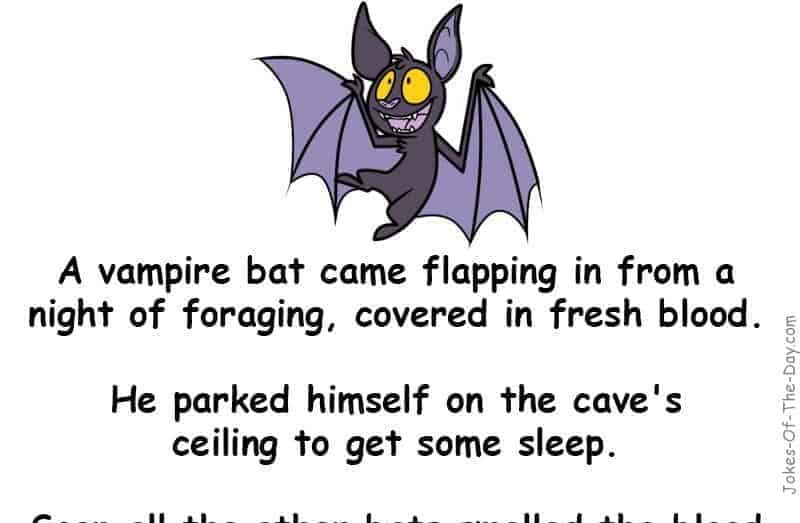 A vampire bat came flapping in from a night of foraging, covered in blood - latest joke