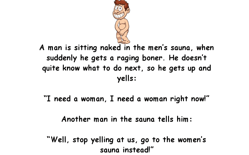 Naked man gets an erection in the sauna - Adult Joke