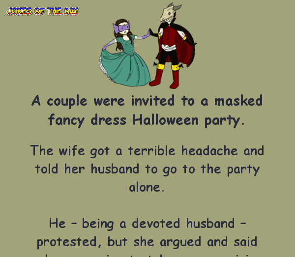 A wife surprises her husband at the masked halloween party - funny joke