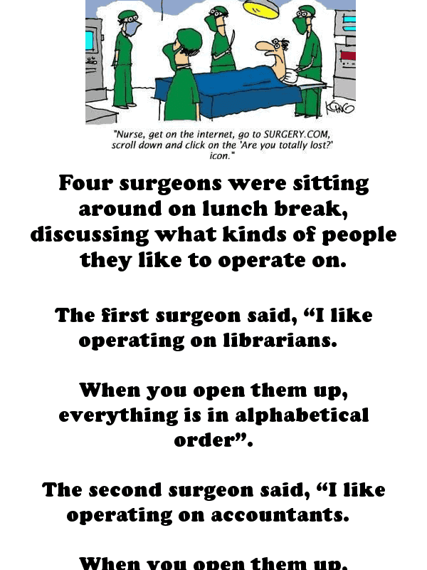 Clean doctor joke - four surgeons discus thier favorite patients  ‣ Jokes Of The Day 