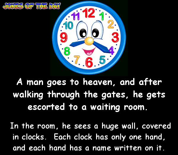 A man goes to heaven and he sees a huge wall covered in clocks