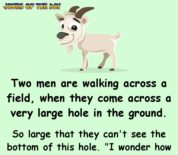 Two men are walking across a field, when they come across a very large hole in the ground