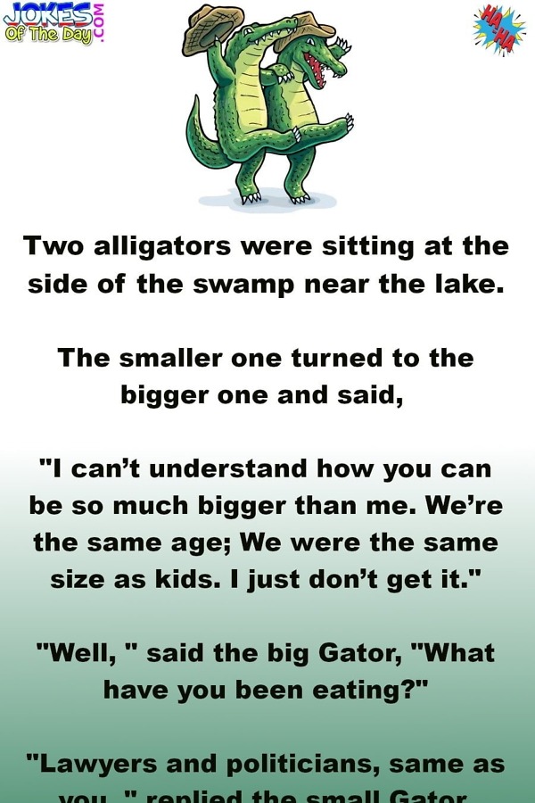 Joke The big alligator explains why his companion is much smaller
