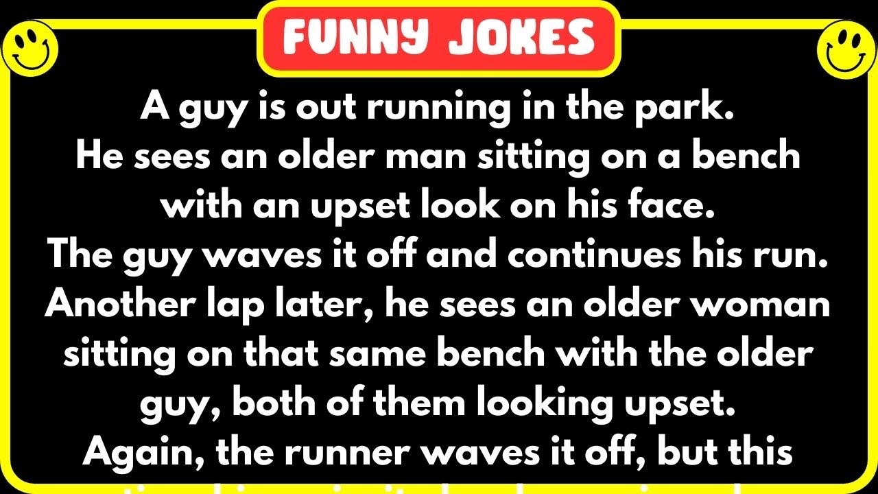 😁 FUNNY JOKES 😁 - A man jogging sees an older man sitting on a bench with an upset look on his face