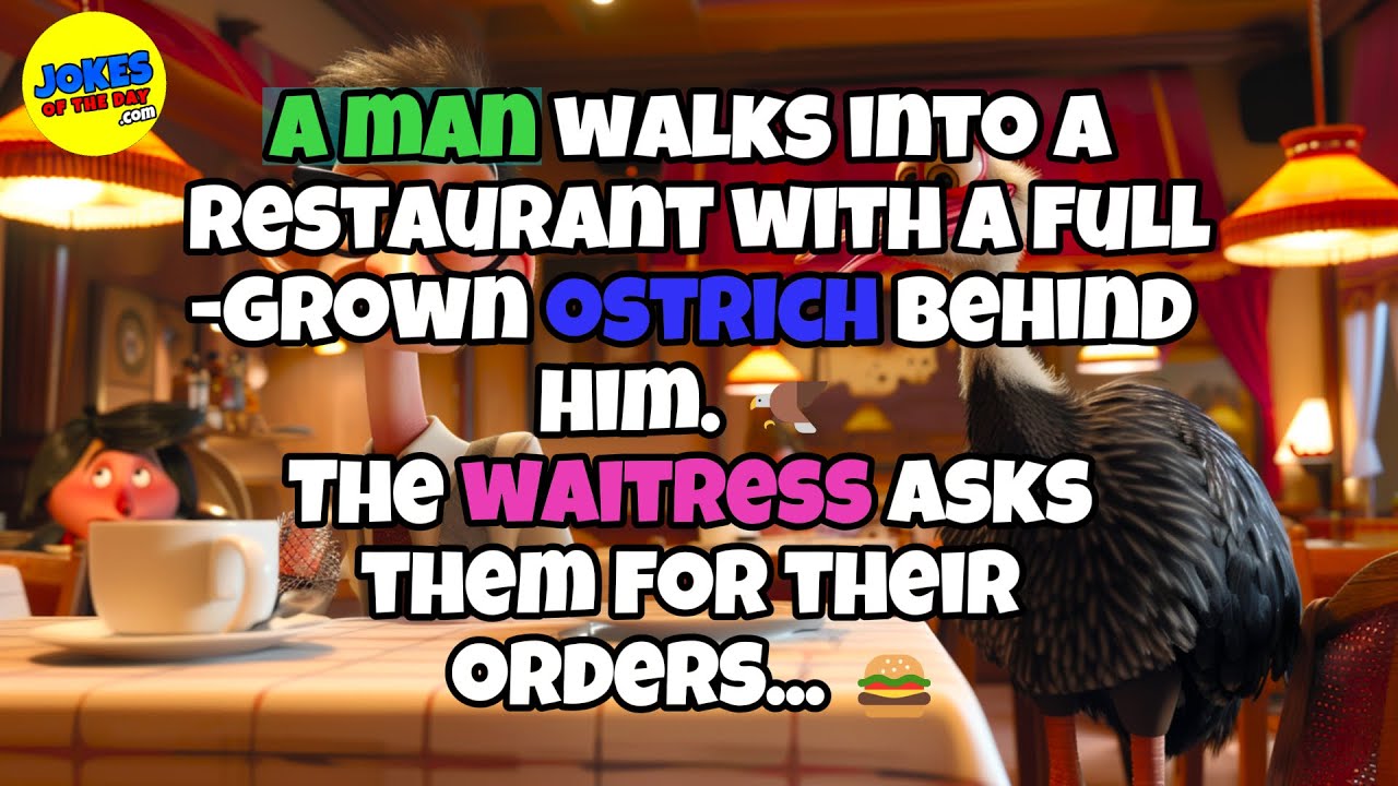 🤣 𝗙𝗨𝗡𝗡𝗬 𝗝𝗢𝗞𝗘 👉 A man walks into a restaurant with a full-grown ostrich behind him 🤣 𝗝𝗼𝗸𝗲𝘀 𝗢𝗳 𝗧𝗵𝗲 𝗗𝗮𝘆